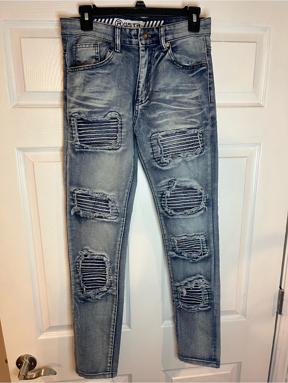 G-Star Men’s Light Blue Skinny Jeans with Striped Patch Rips